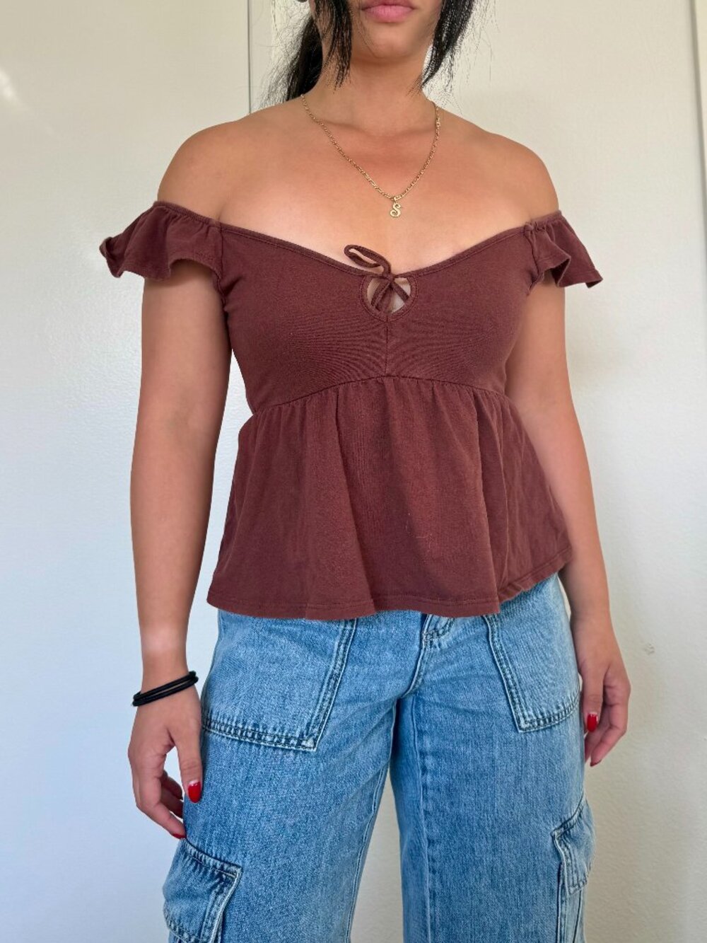 off shoulder brown babydoll top